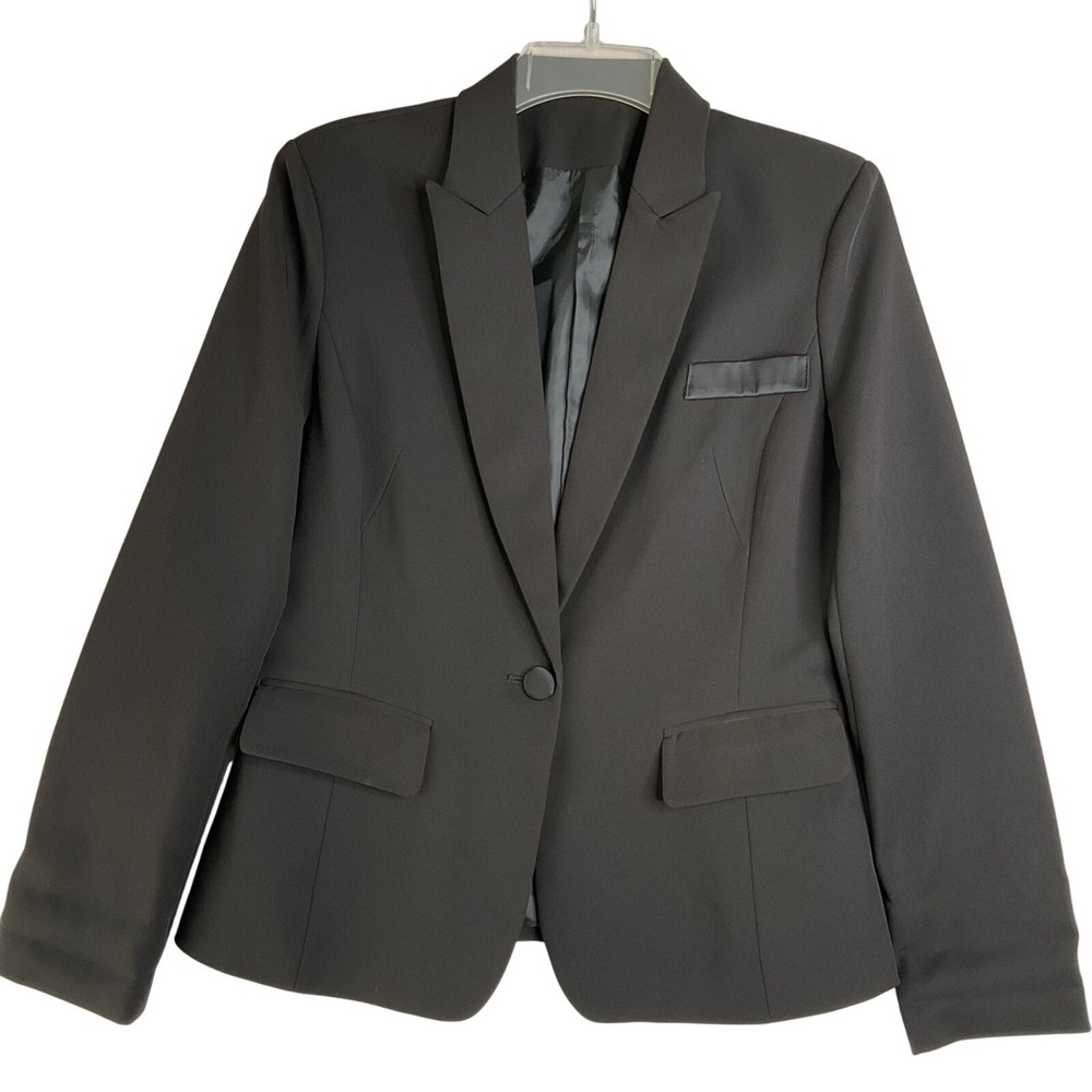 Women's Black One‎ Button Blazer Lined Pockets Faux Satin Trim Chest Pocket M